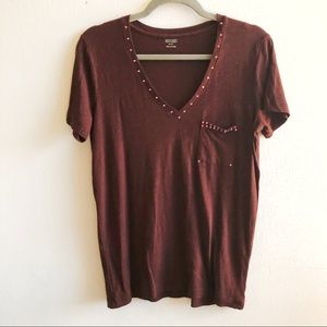 Madewell Top Maroon V-Neck Bejeweled Neckline Pocket Tee Sz S EUC Short Sleeves